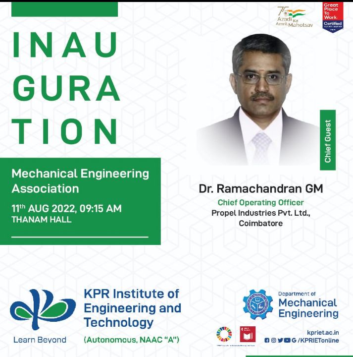 INAUGURATION OF MECHANICAL ENGINEERING ASSOCIATION, KPR Institute