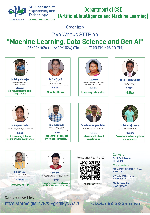TWO WEEKS ONLINE STTP ON  “MACHINE LEARNING, DATA SCIENCE AND GEN AI”  (05-02-2024 TO 16-02-2024), 07.00 PM