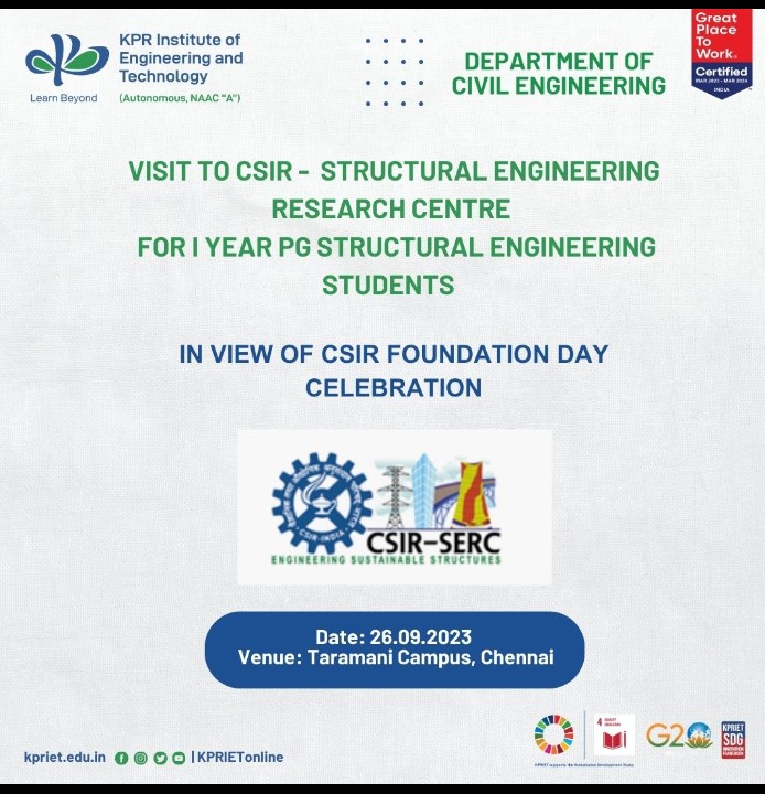 VISIT TO CSIR - STRUCTURAL ENGINEERING RESEARCH CENTRE FOR I YEAR PG ...